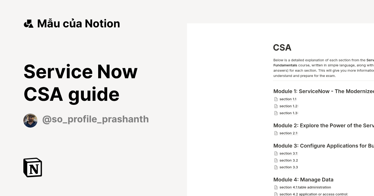 Mẫu Service Now CSA guide | Thị trường Notion