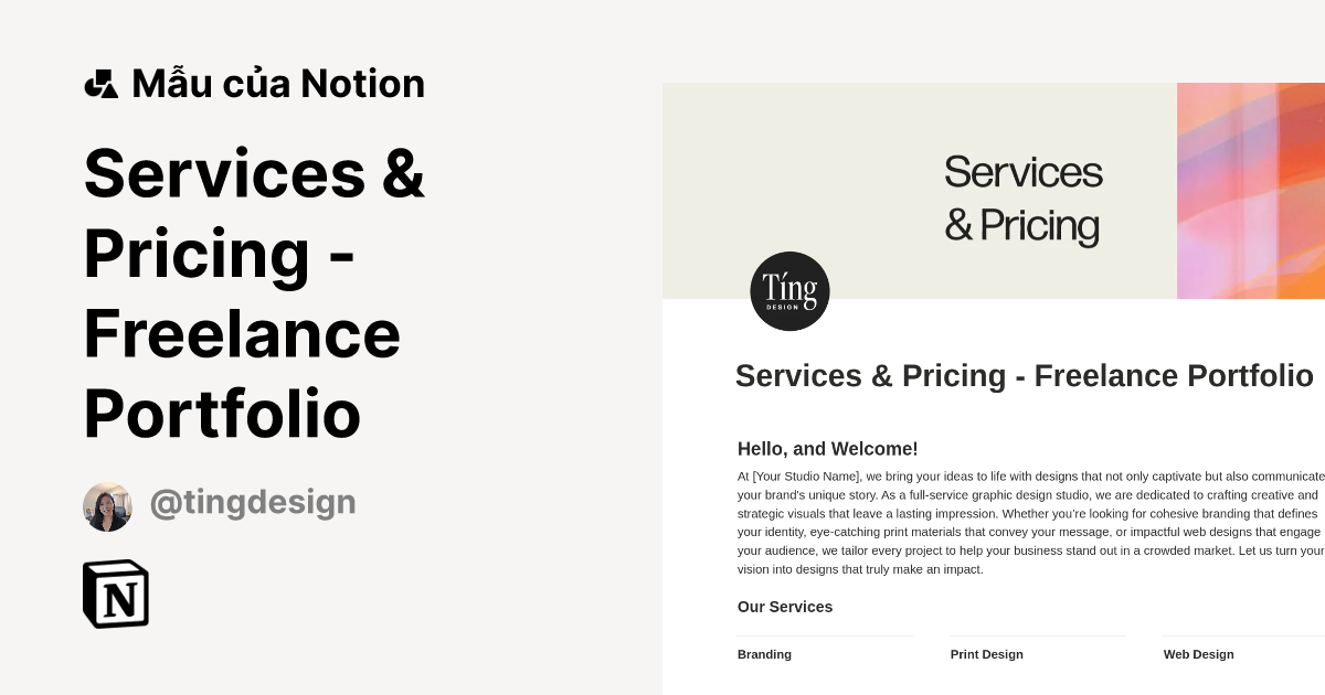 Mẫu Services & Pricing - Freelance Portfolio | Thị trường Notion