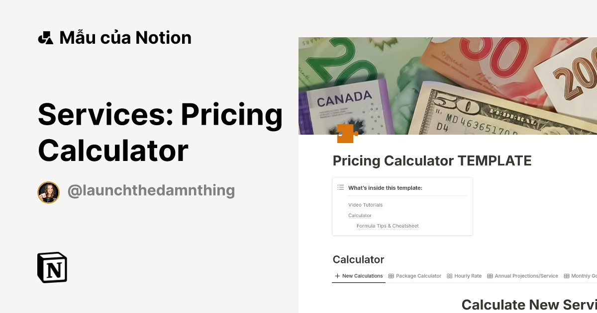 Mẫu Services: Pricing Calculator | Thị trường Notion