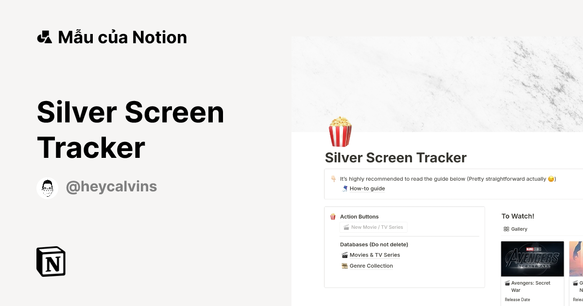 Silver Screen Tracker Mẫu do Calvin tạo | Thị trường Notion