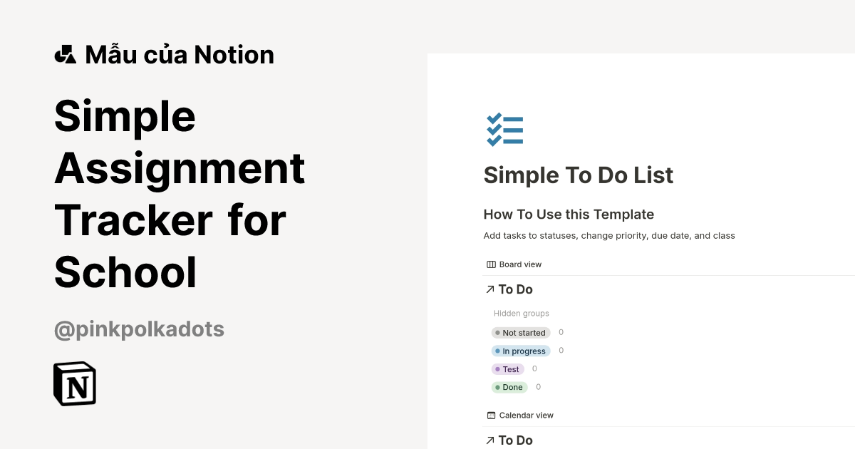 Mẫu Simple Assignment Tracker for School | Thị trường Notion
