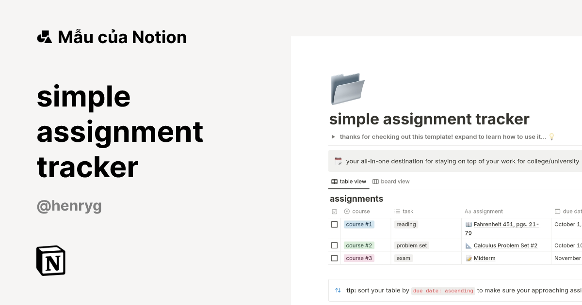 simple assignment tracker Mẫu do Henry G tạo | Thị trường Notion