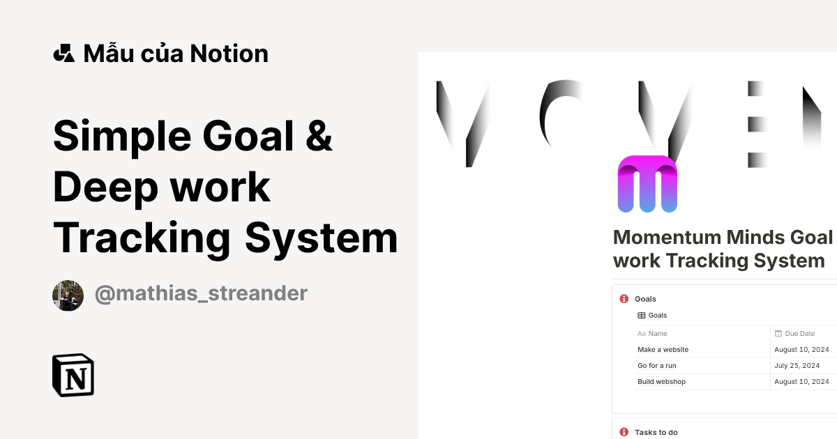 Mẫu Simple Goal & Deep work Tracking System | Thị trường Notion