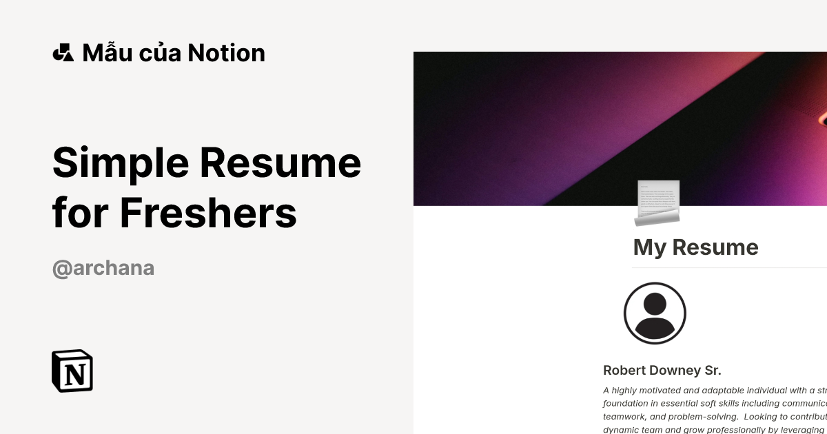 Simple Resume for Freshers Mẫu do Archana tạo | Thị trường Notion