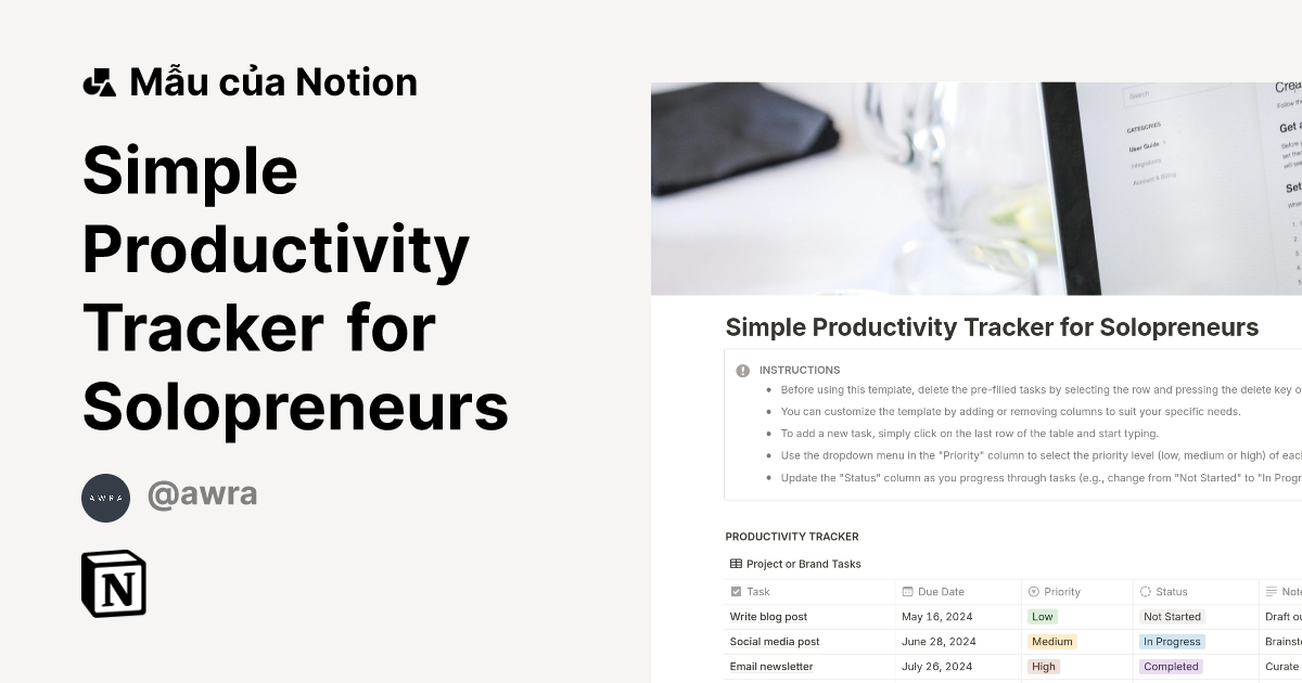 Mẫu Simple Productivity Tracker for Solopreneurs | Thị trường Notion