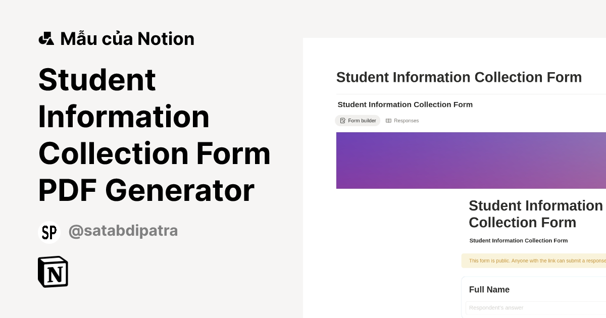 Mẫu Student Information Collection Form PDF Generator | Thị trường Notion