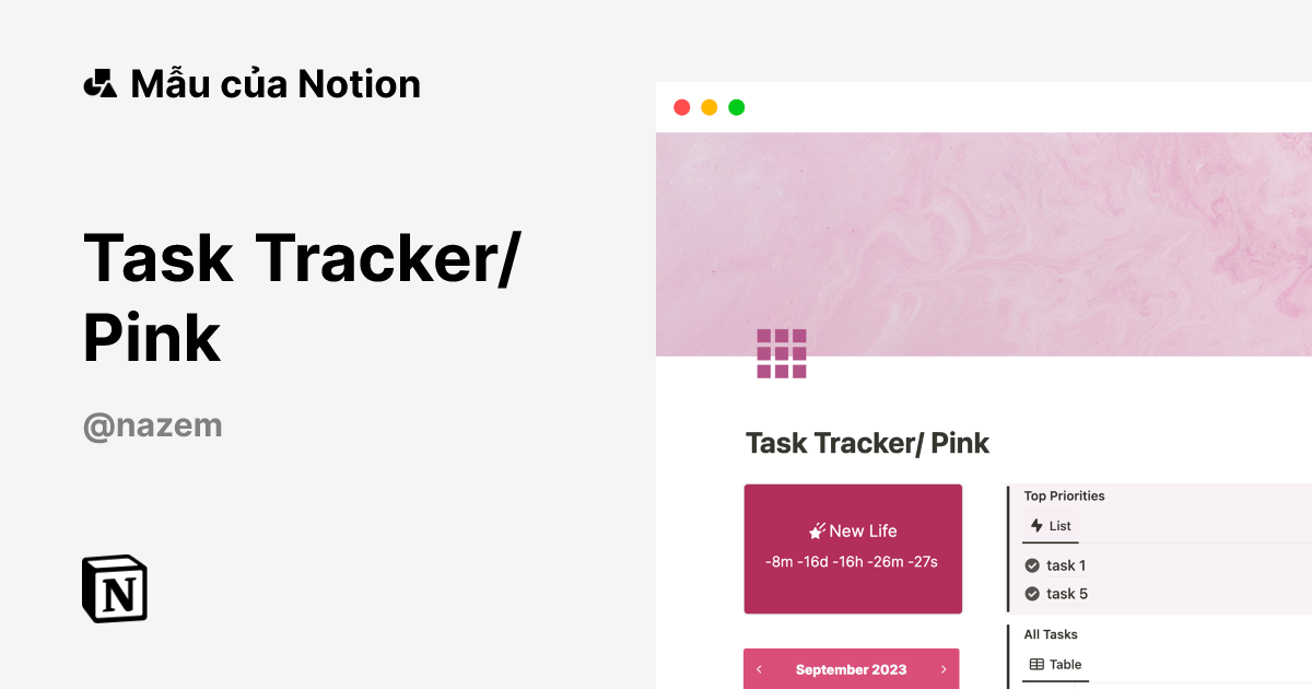 Mẫu Task Tracker/ Pink | Thị trường Notion