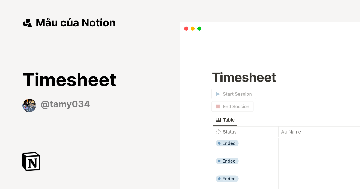 Timesheet Mẫu do Tamy034 tạo | Thị trường Notion