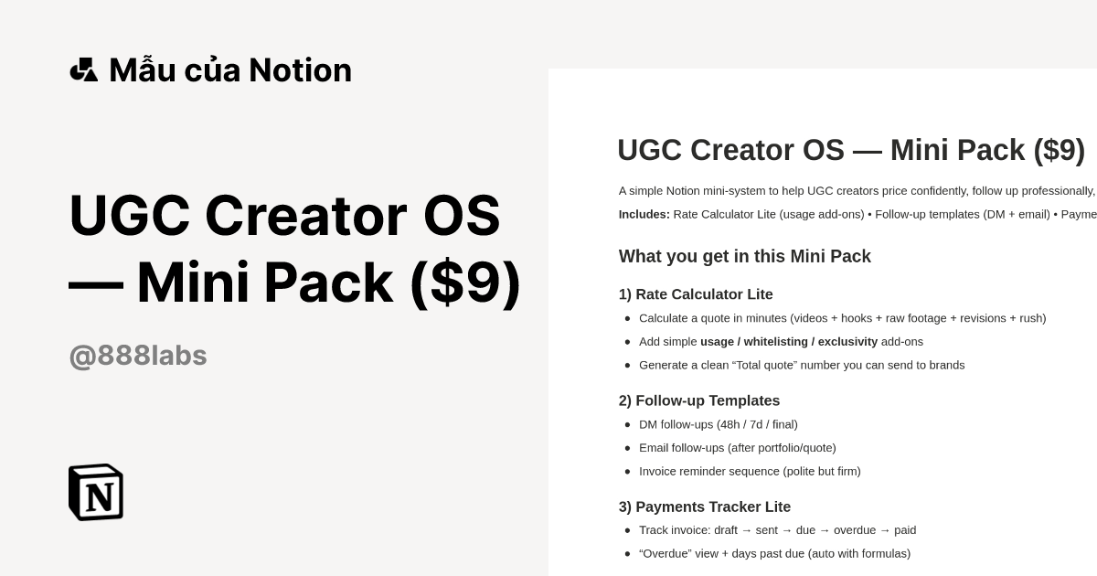 Mẫu UGC Creator OS — Mini Pack ($9) | Thị trường Notion