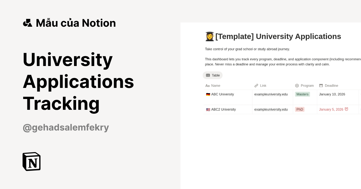 Mẫu University Applications Tracking | Thị trường Notion