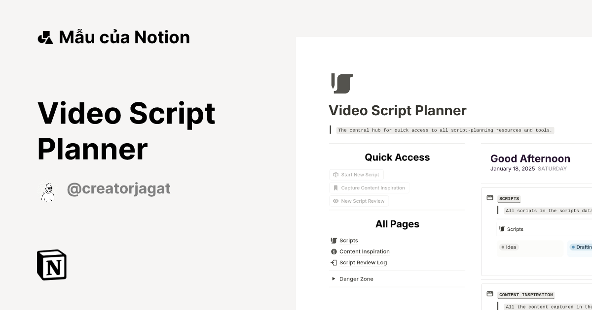 Video Script Planner Mẫu do CreatorJagat tạo | Thị trường Notion