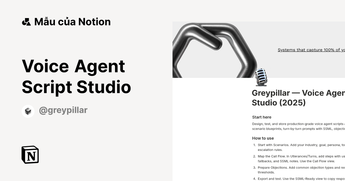Mẫu Voice Agent Script Studio | Thị trường Notion