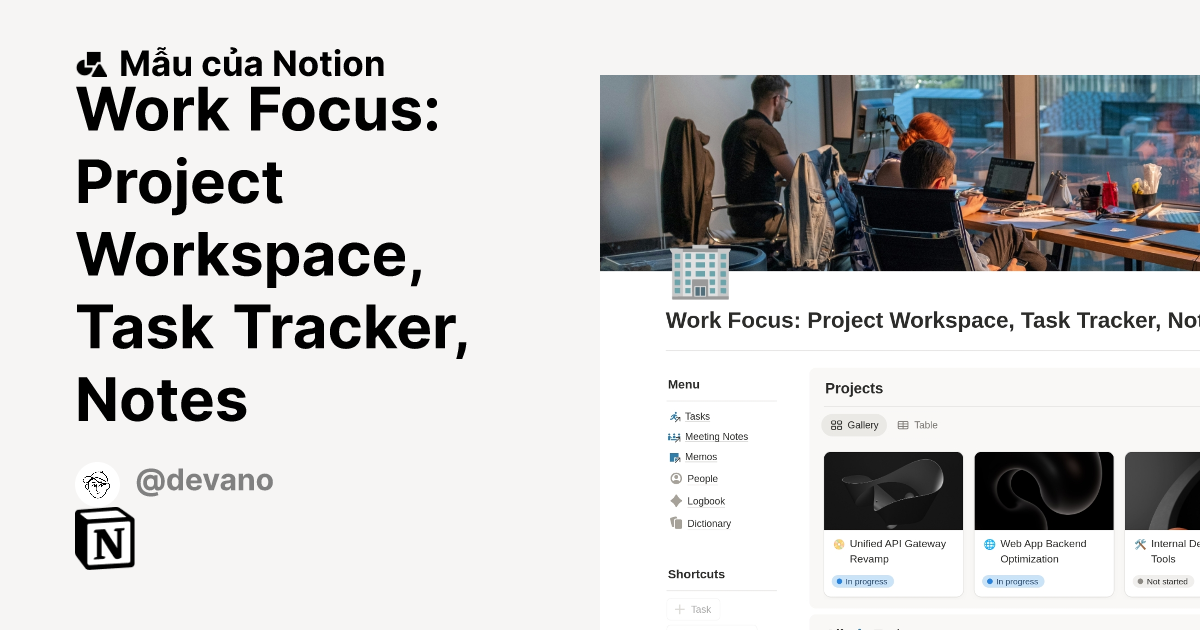 Work Focus: Project Workspace, Task Tracker, Notes Mẫu do Devano tạo ...