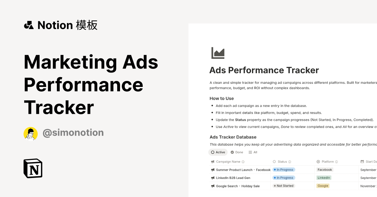 来自 Simo 的 Marketing Ads Performance Tracker 模板｜Notion市集