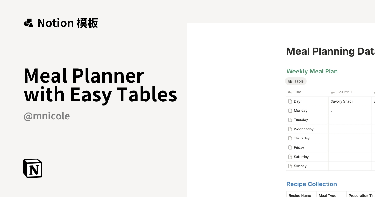 来自 MN 的 Meal Planner with Easy Tables 模板｜Notion市集