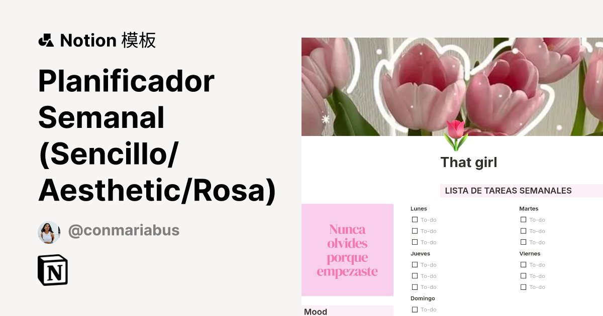 Planificador Semanal (Sencillo/Aesthetic/Rosa) 模板 | Notion 市集