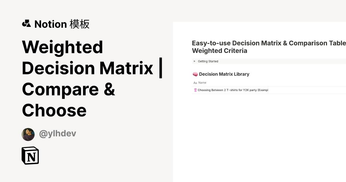 来自 ylhdev 的 Weighted Decision Matrix | Compare & Choose 模板｜Notion市集