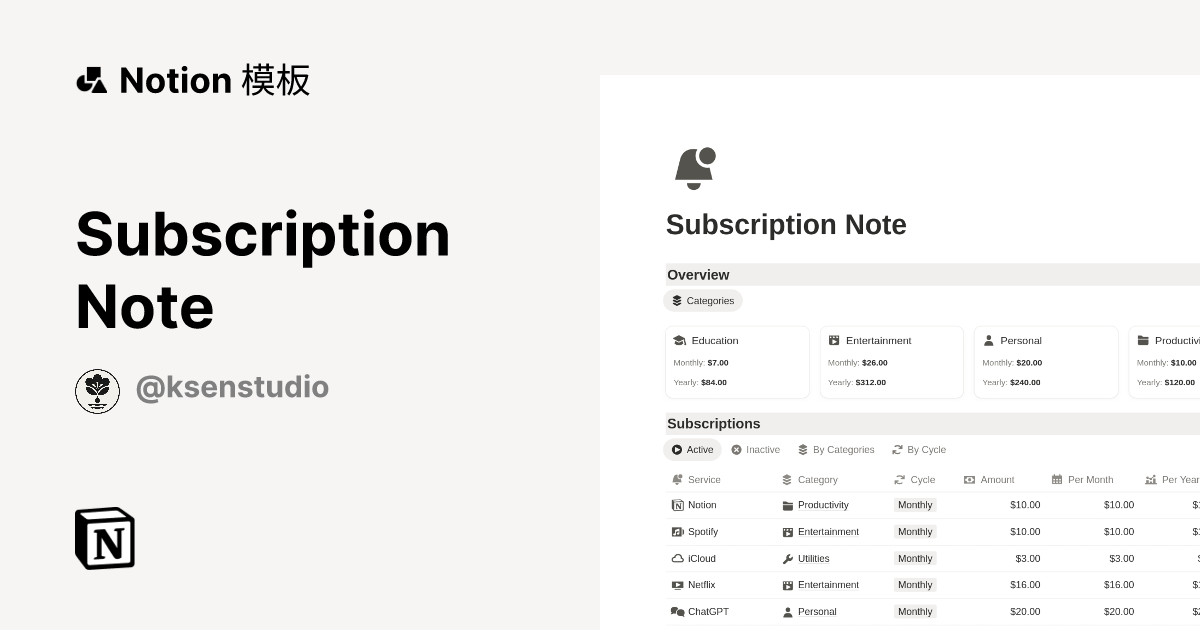 Subscription Note 模板 | Notion 市集
