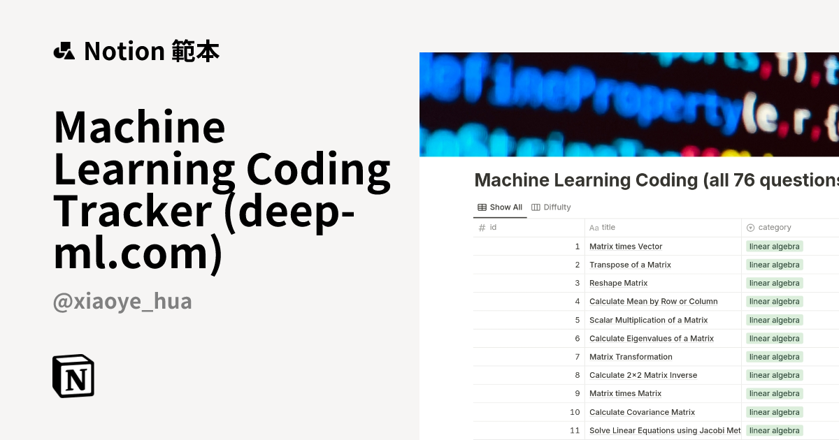 Machine Learning Coding Tracker (deep-ml.com) 範本 | Notion Marketplace